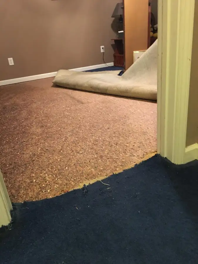 Carpet pad removal revealing water damage during Water Mitigation Services in Glencoe